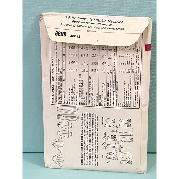 Simplicity 6689 Sewing Pattern Misses 1966 Jacket Skirt Slacks Cut Sz12 Vintage - Picture 2 of 9